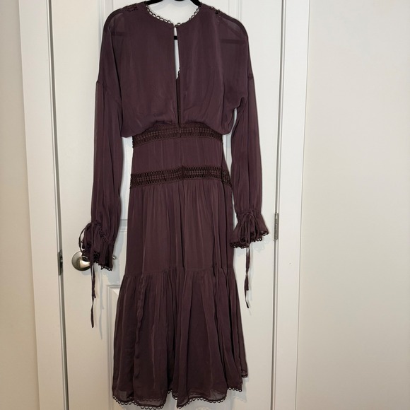 ASOS DESIGN Plum Purple Crochet Lace Insert Midi Dress Long Sleeve Boho Size 6 - Picture 5 of 6